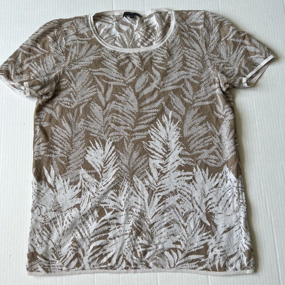 Lafayette 148 New York Cotton Knit Tee Shirt Women’s M Beige White Short Sleeve